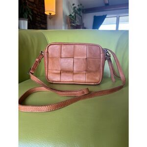 Margot New York Woven Leather Crossbody Bag Tan Brown Lattice Small